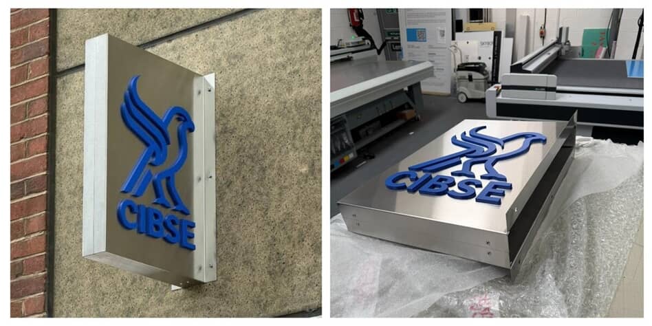 A collage of the CIBSE bird logo installed on the exterior building and upon completion in the FASTSIGNS warehouse.